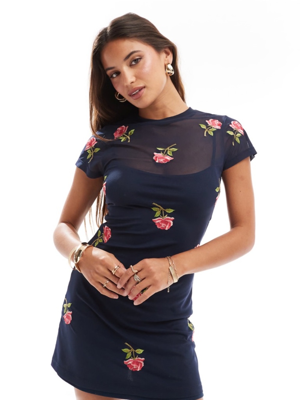 ASOS DESIGN short sleeve mesh mini dress in navy with floral embroidery